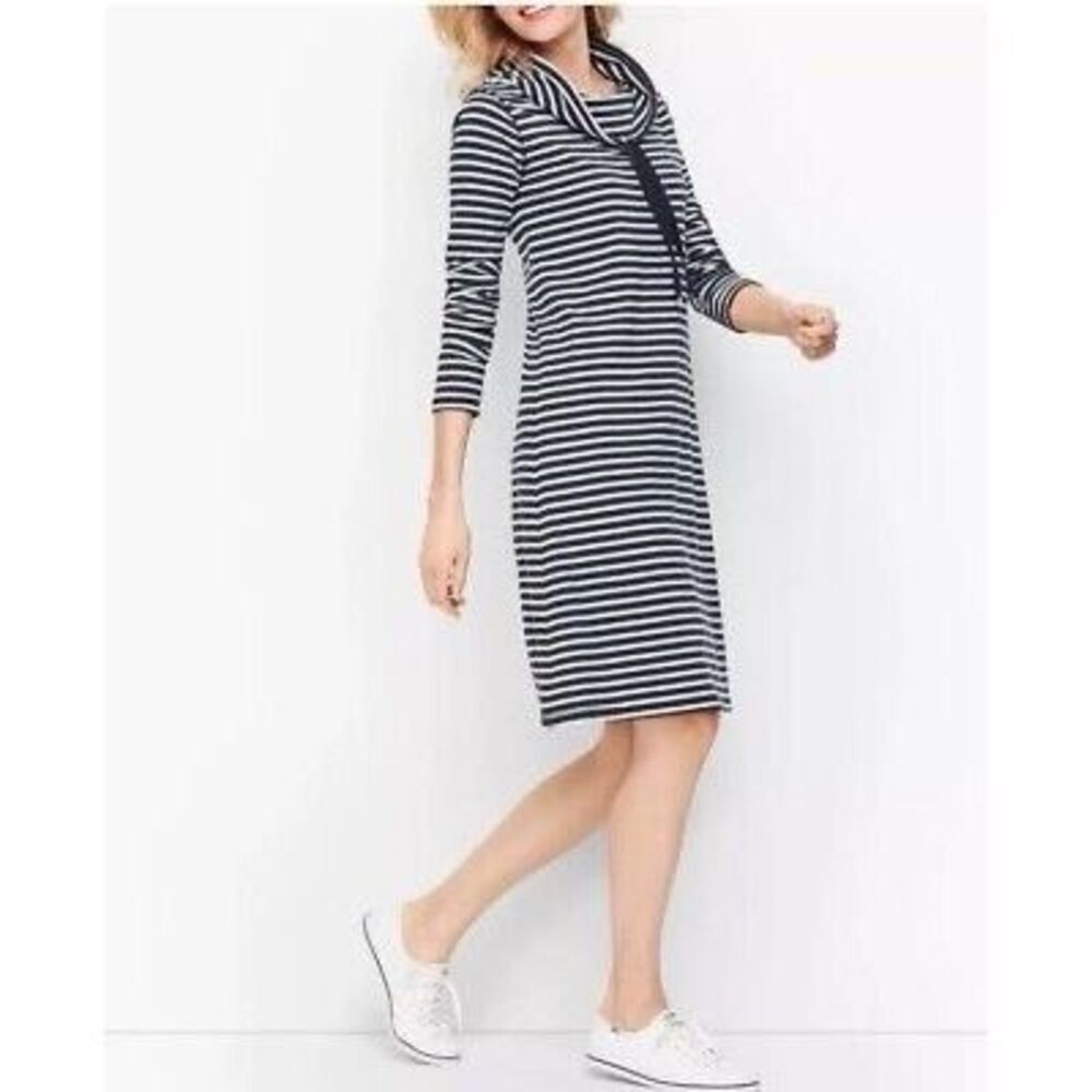 T By Talbots Soft Terry Cowlneck Dress Long Sleeve Navy‎ Stripe Size S